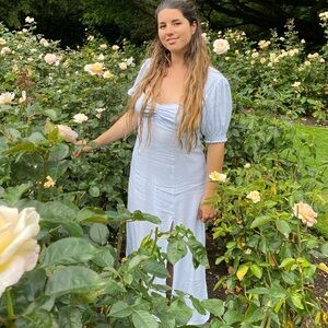 Sheer cottage core blue puff sleeve sweetheart midi dress with slit